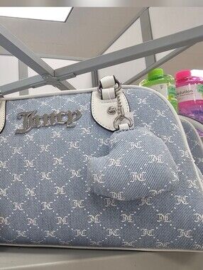 Juicy Couture Light Blue Denim Logo Satchel with White Trim